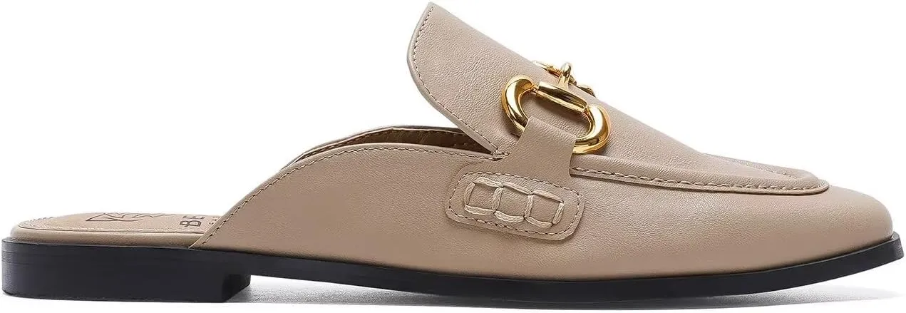 Buckle Mules for Women Flat Mules Slip-on Loafers Round Toe Backless Loafer Shoes Metal Chain Slides