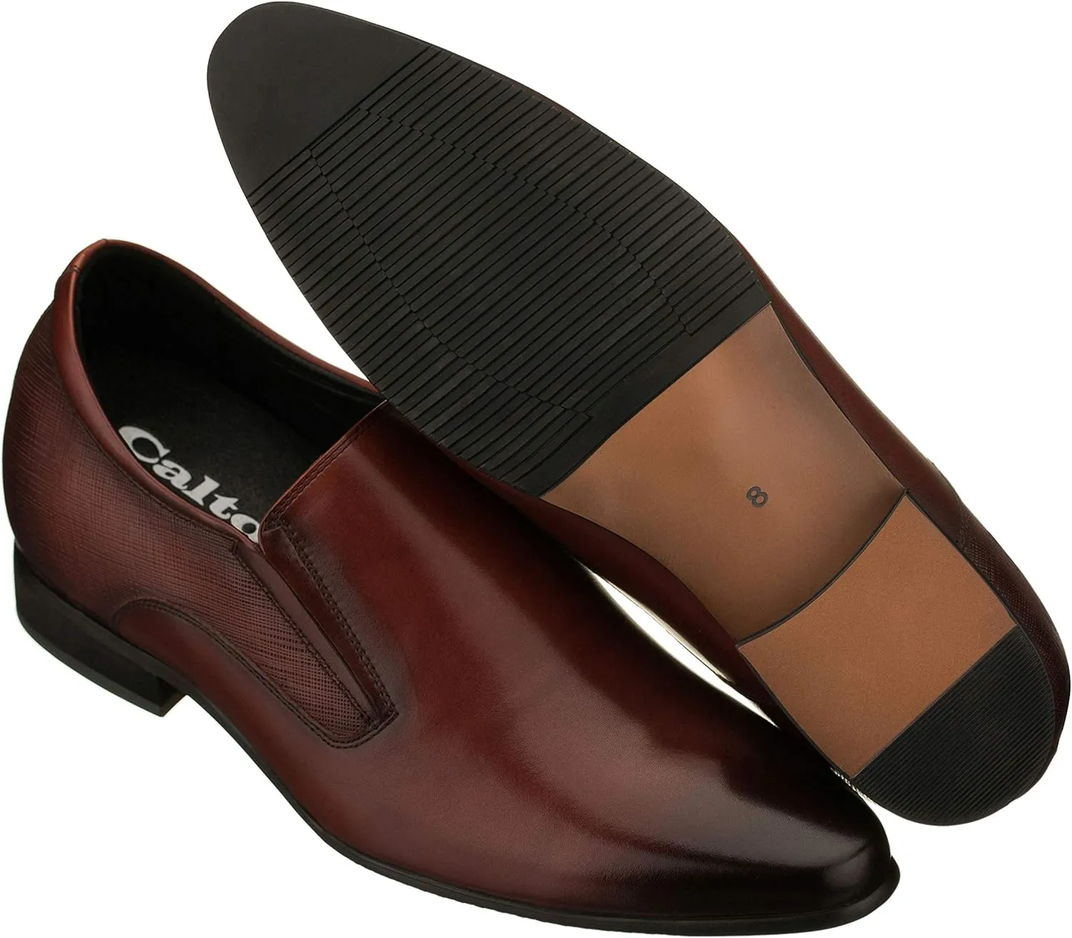 CALTO Men's Invisible Height Increasing Elevator Shoes - Brown Leather Slip-on Formal Dress Loafers- 3 Inches Taller - Y5531 - Size 7.5 D(M) US