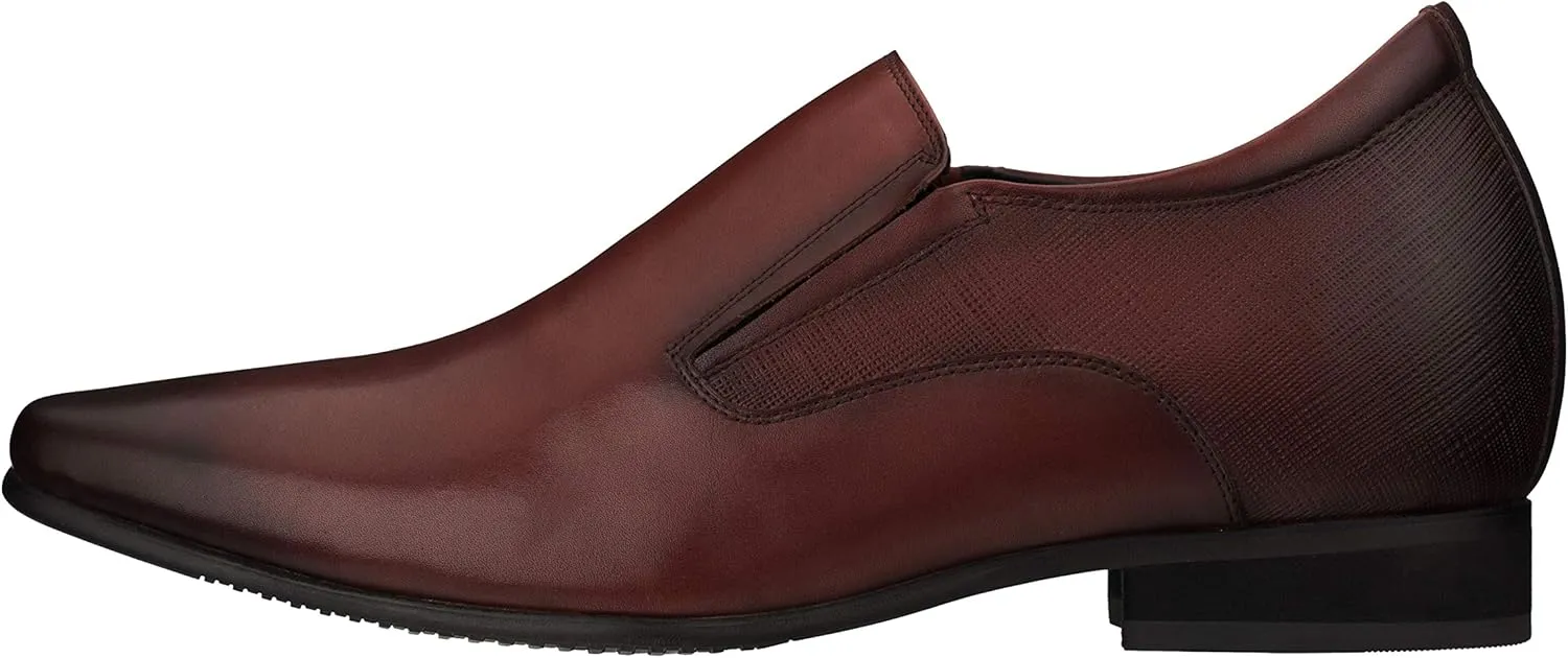 CALTO Men's Invisible Height Increasing Elevator Shoes - Brown Leather Slip-on Formal Dress Loafers- 3 Inches Taller - Y5531 - Size 7.5 D(M) US