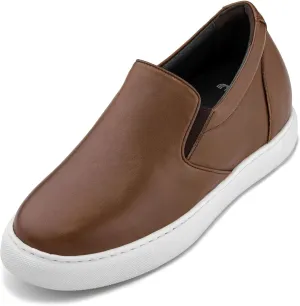 CALTO Men's Invisible Height Increasing Elevator Shoes - Coffee Brown Nappa Leather Slip-on Lightweight Casual Loafers - 2.6 Inches Taller - T1023- Size 7.5 D(M) US