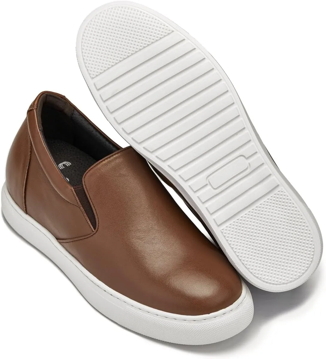 CALTO Men's Invisible Height Increasing Elevator Shoes - Coffee Brown Nappa Leather Slip-on Lightweight Casual Loafers - 2.6 Inches Taller - T1023- Size 7.5 D(M) US