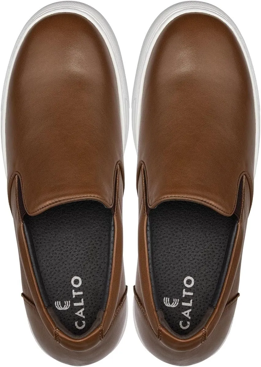 CALTO Men's Invisible Height Increasing Elevator Shoes - Coffee Brown Nappa Leather Slip-on Lightweight Casual Loafers - 2.6 Inches Taller - T1023- Size 7.5 D(M) US