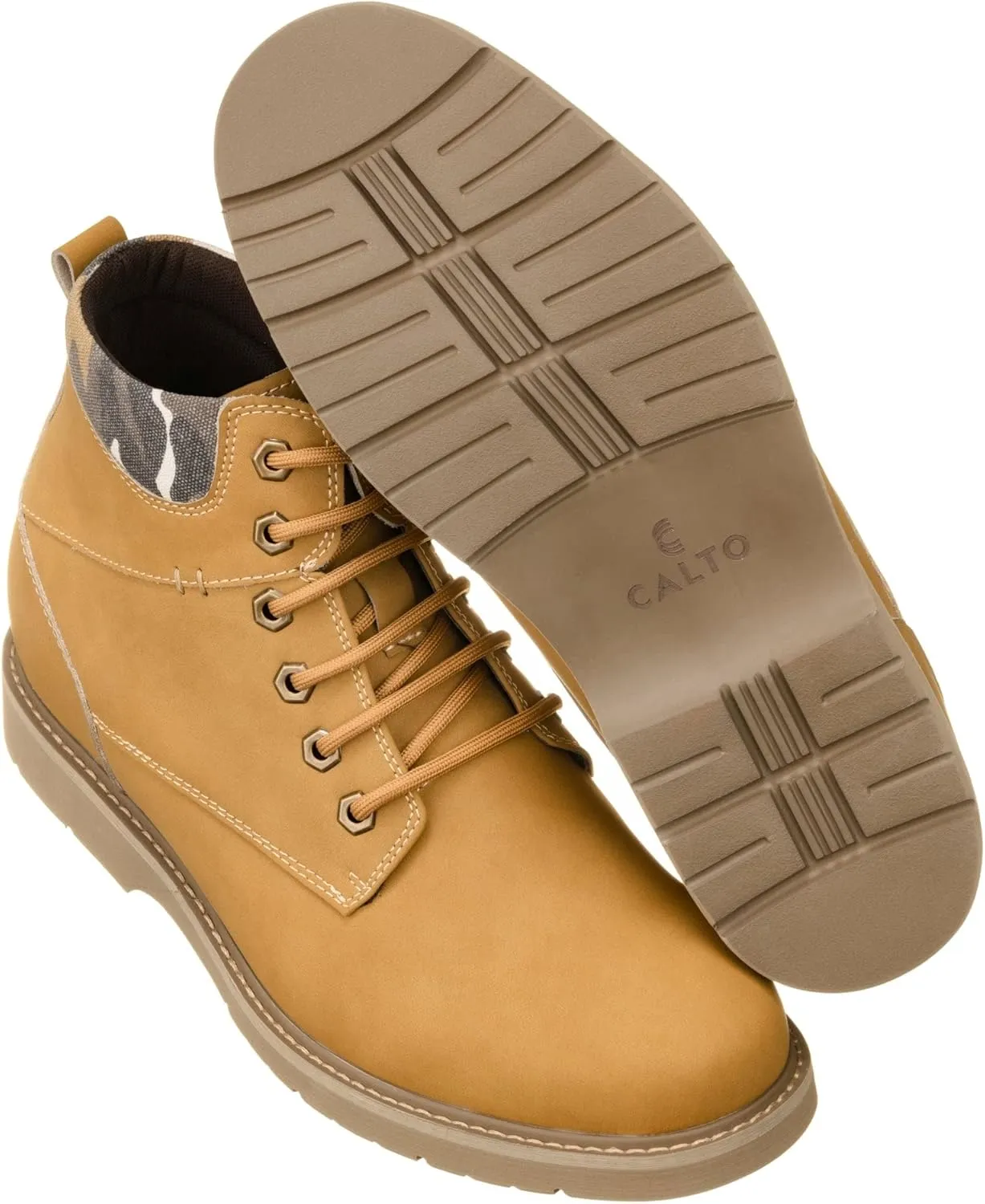 CALTO Men's Invisible Height Increasing Elevator Shoes - Nubuck Khaki Leather Lace-up Round-Toe Work Boots - 3.2 Inches Taller - YH7830 - Size 10 D(M) US