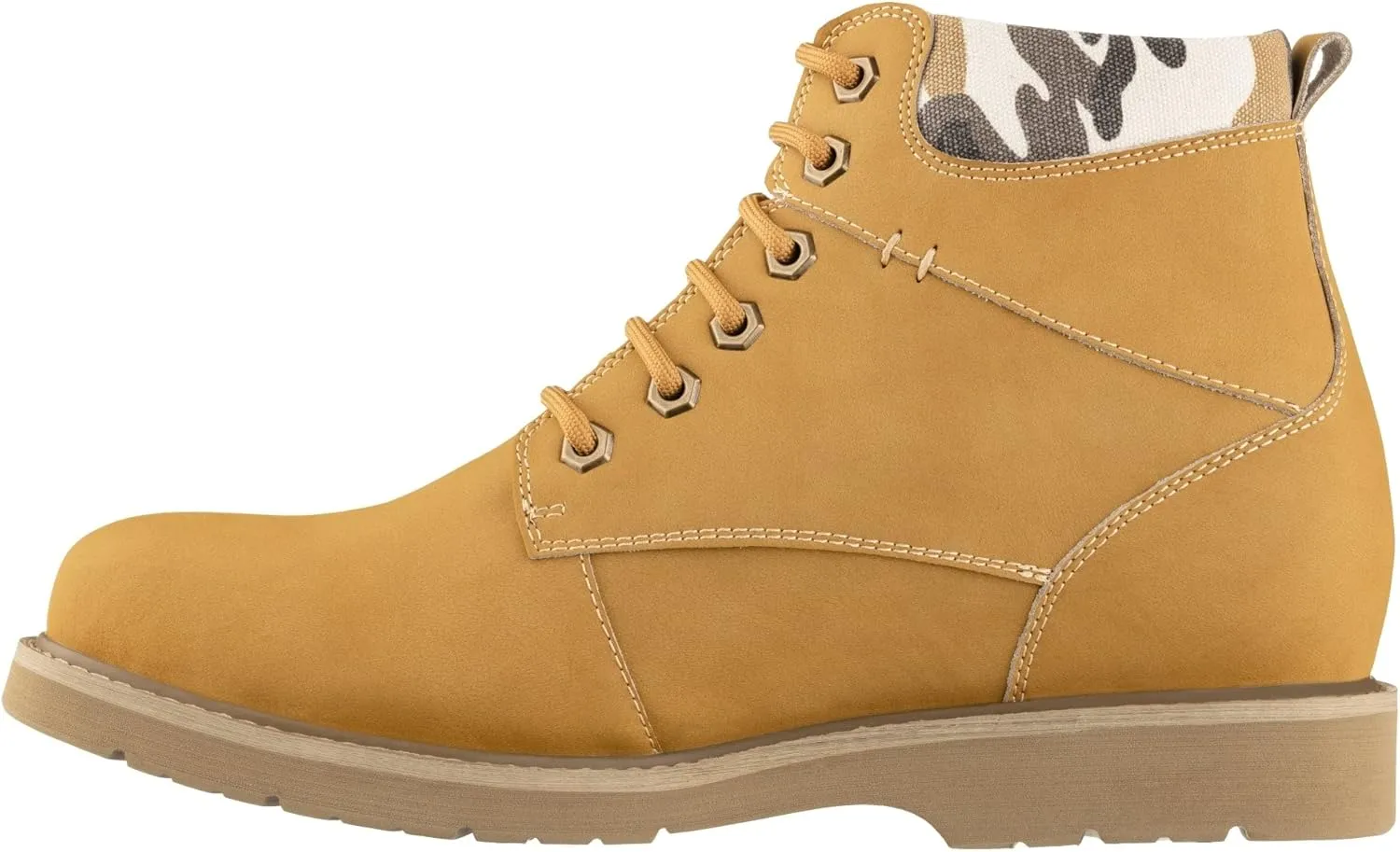 CALTO Men's Invisible Height Increasing Elevator Shoes - Nubuck Khaki Leather Lace-up Round-Toe Work Boots - 3.2 Inches Taller - YH7830 - Size 10 D(M) US