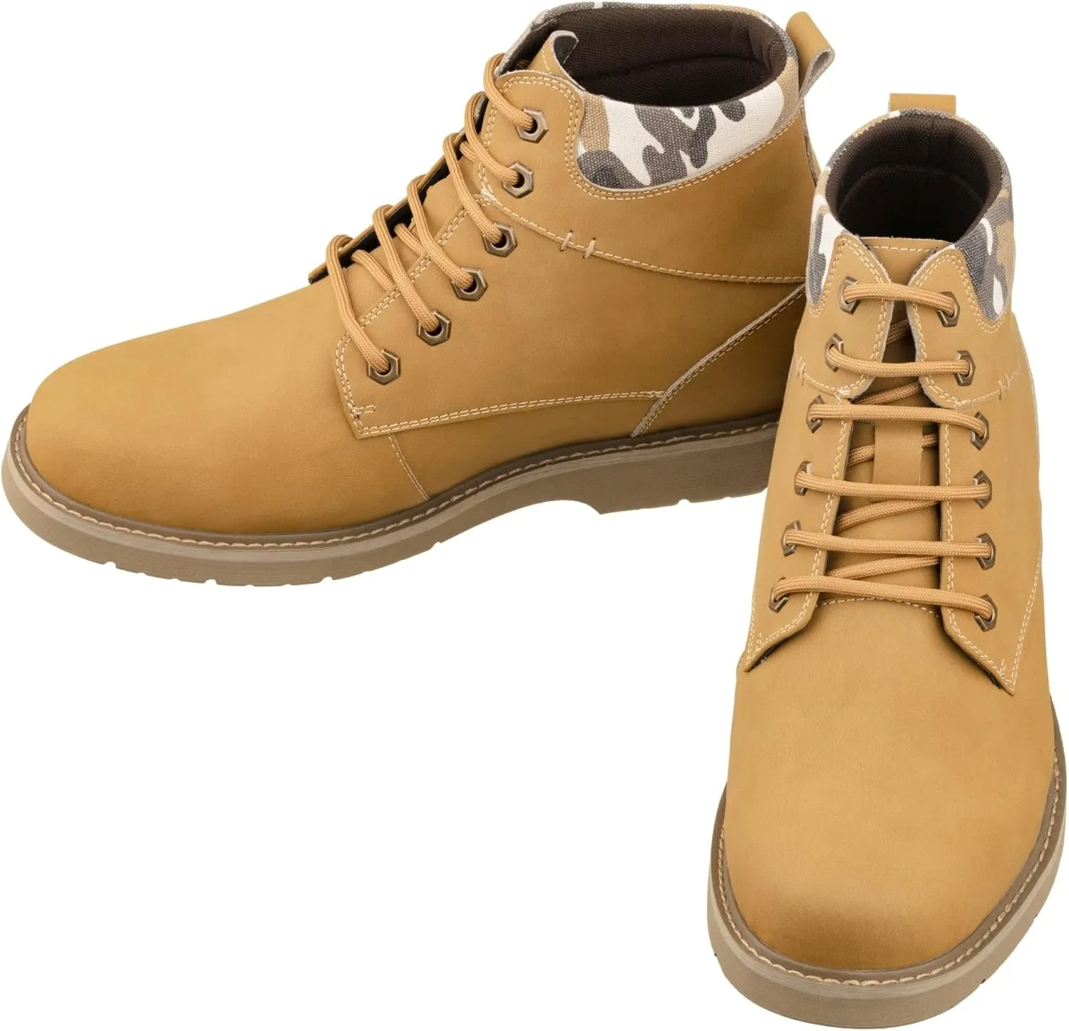 CALTO Men's Invisible Height Increasing Elevator Shoes - Nubuck Khaki Leather Lace-up Round-Toe Work Boots - 3.2 Inches Taller - YH7830 - Size 10 D(M) US