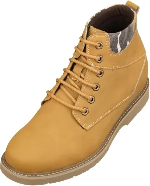 CALTO Men's Invisible Height Increasing Elevator Shoes - Nubuck Khaki Leather Lace-up Round-Toe Work Boots - 3.2 Inches Taller - YH7830 - Size 10 D(M) US