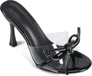 CAMSSOO Women's Bow Heeled Sandals Open Toe Clear Mules Slip On Kitten Heels Dress Shoes