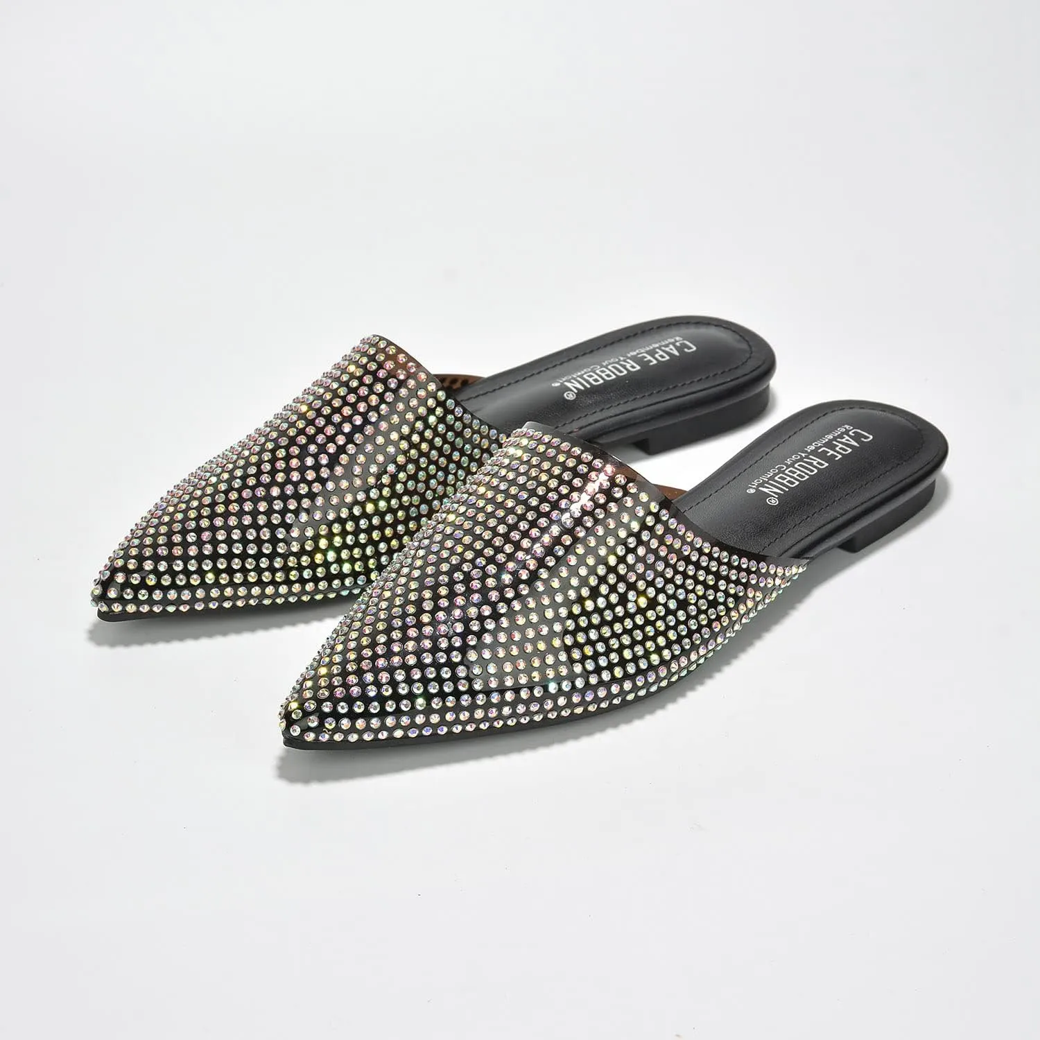 Cape Robbin Crunch Satin Clear Rhinestone Flat Mules (Crunch)