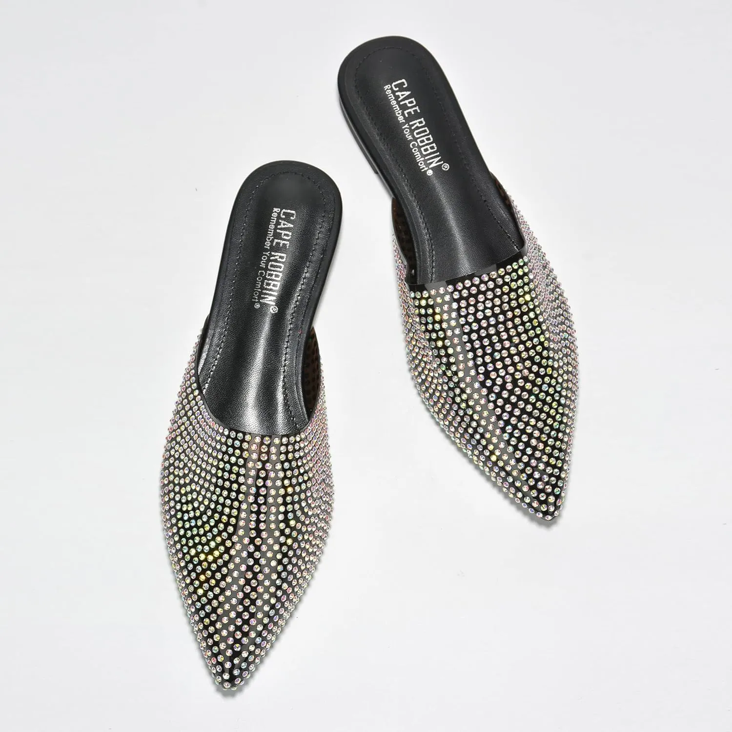 Cape Robbin Crunch Satin Clear Rhinestone Flat Mules (Crunch)