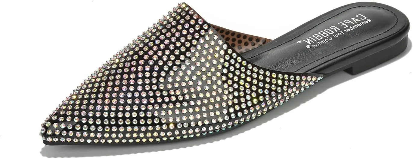 Cape Robbin Crunch Satin Clear Rhinestone Flat Mules (Crunch)