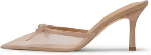 Caradise Mesh High Heels for Women Closed Pointed Toe Slip On Mules Stilettos Sexy Bow Tie Backless Kitten Sandas Wedding Pumps Shoes