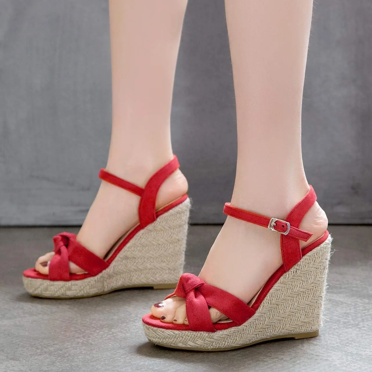 Caradise Womens Platform Espadrille Wedge Ankle Strap Sandals Bow Open Toe Pumps