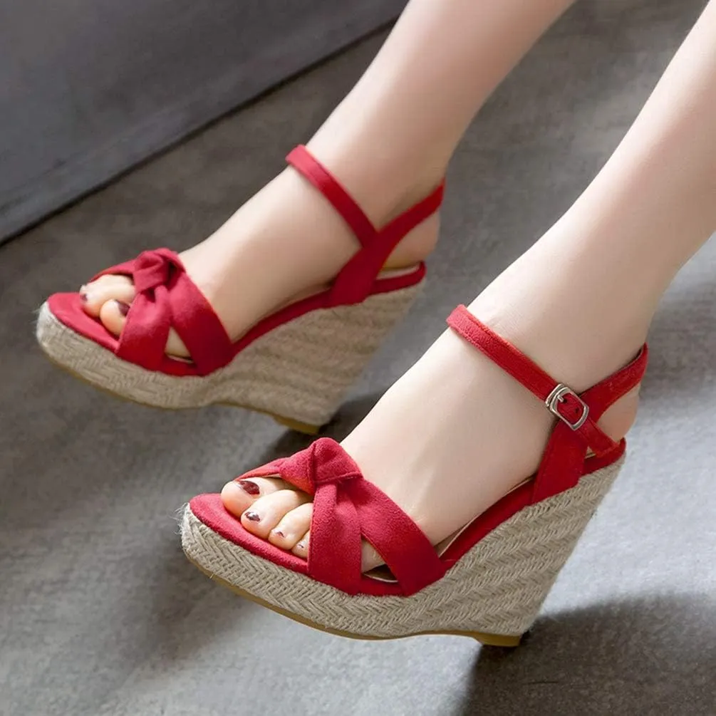 Caradise Womens Platform Espadrille Wedge Ankle Strap Sandals Bow Open Toe Pumps