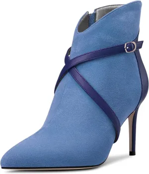 Castamere Womens High Heel Pointed Toe Ankle Boots Short Bootie Cross-Strap Zipper Patchwork Prom Sexy 3.2 Inches Heels