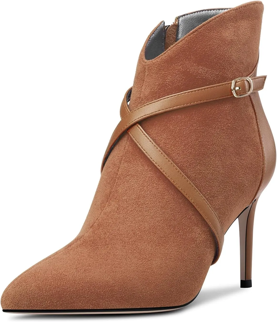 Castamere Womens High Heel Pointed Toe Ankle Boots Short Bootie Cross-Strap Zipper Patchwork Prom Sexy 3.2 Inches Heels