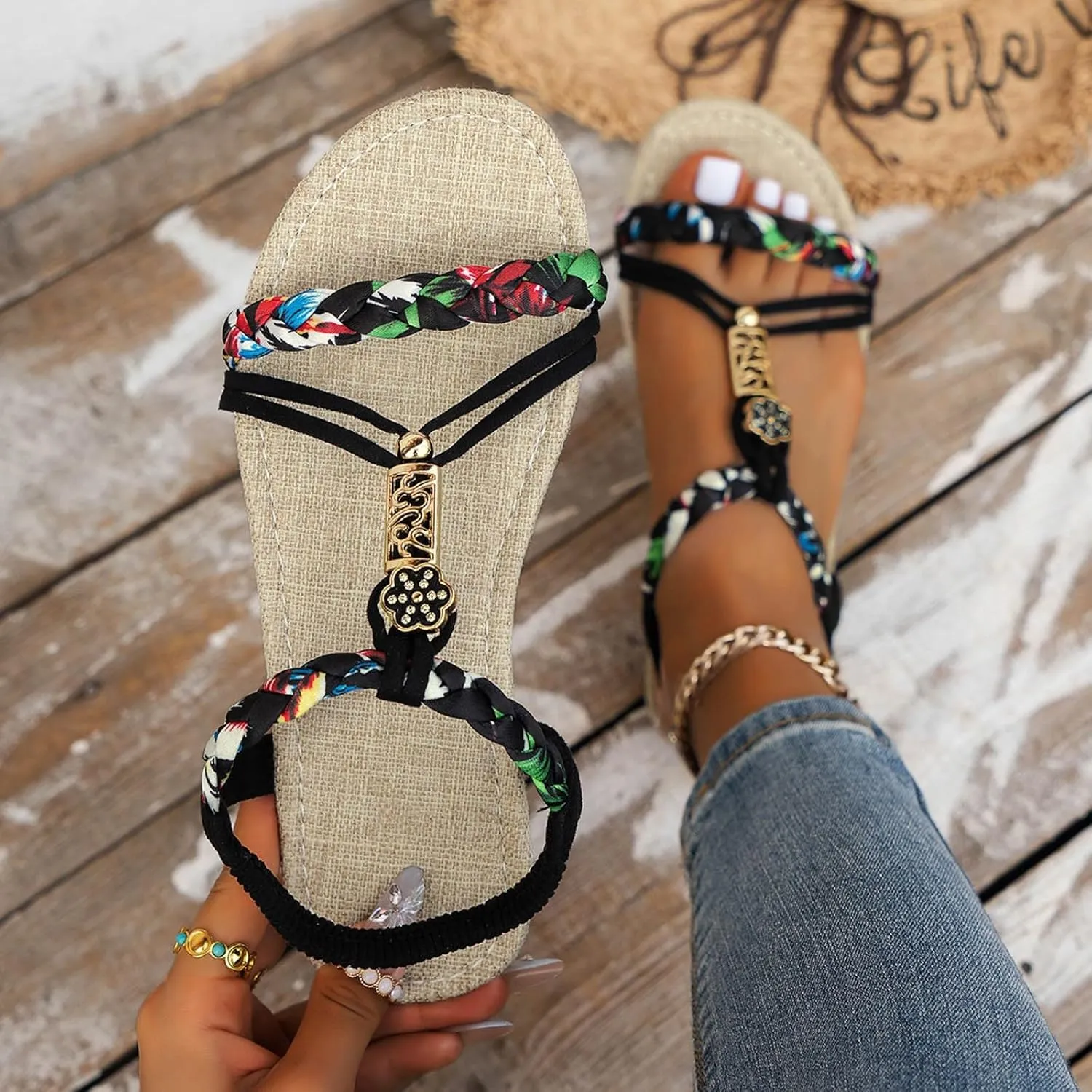 Casual Bohemian Beach Sandals Orthopedic Wedge Sandals for Women Ankle Strap Flip Flops Open Toe Jeweled Flat Sandals 2025