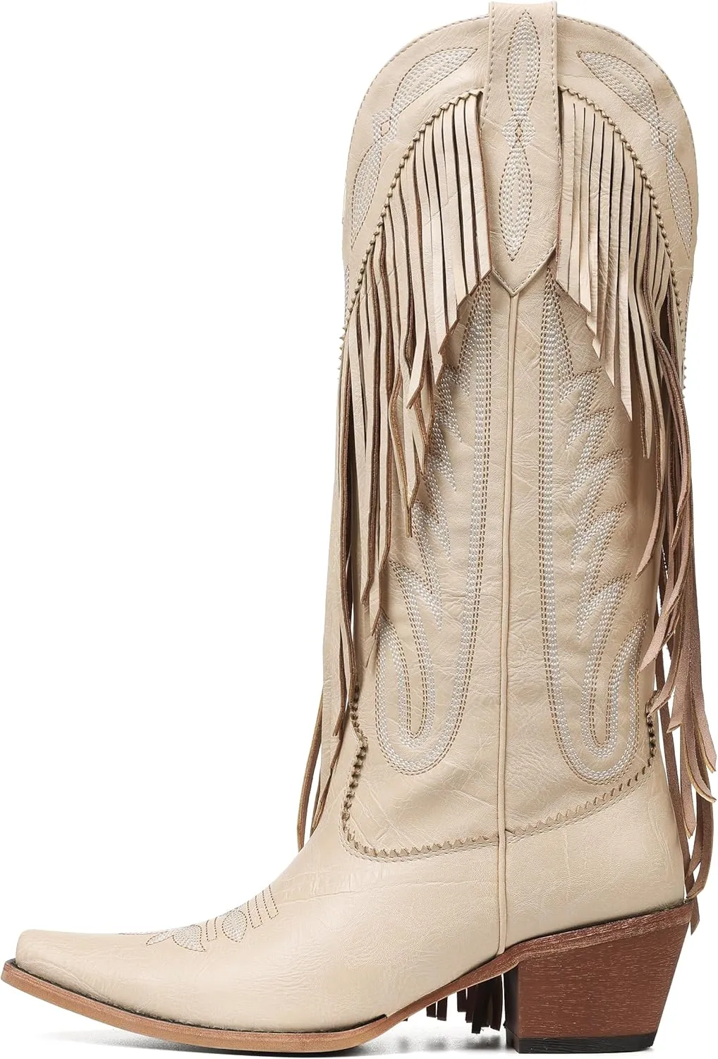 Celbreez Fringe Cowgirl Boots with Classic Embroidery Cowboy Boots for Women Wide Calf Pointed Toe Chunky Heel Pull on Knee High Western Boots