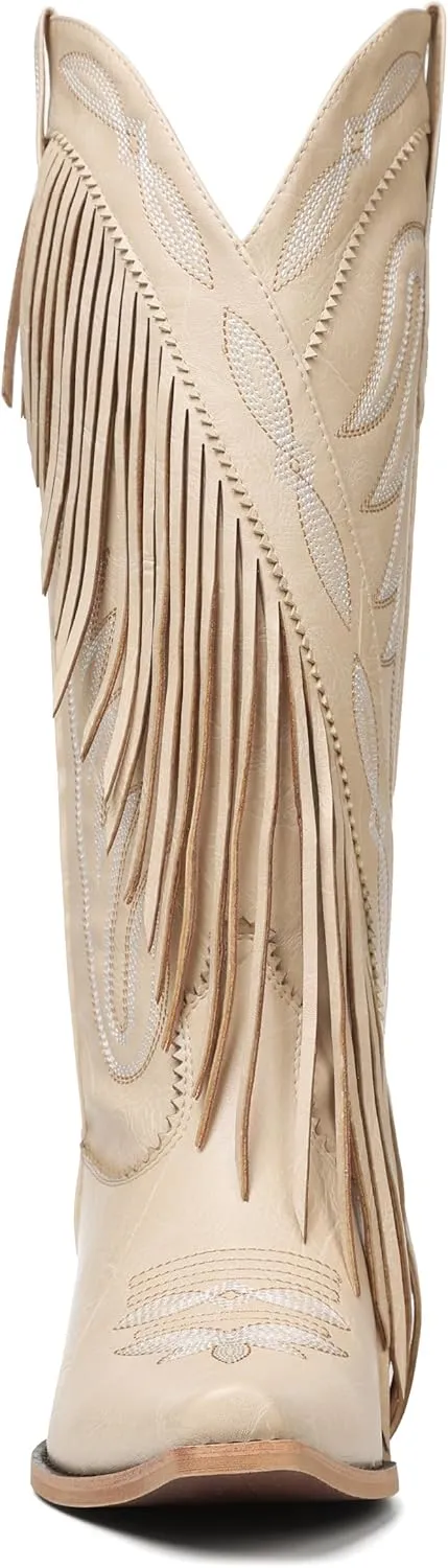Celbreez Fringe Cowgirl Boots with Classic Embroidery Cowboy Boots for Women Wide Calf Pointed Toe Chunky Heel Pull on Knee High Western Boots