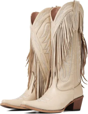 Celbreez Fringe Cowgirl Boots with Classic Embroidery Cowboy Boots for Women Wide Calf Pointed Toe Chunky Heel Pull on Knee High Western Boots