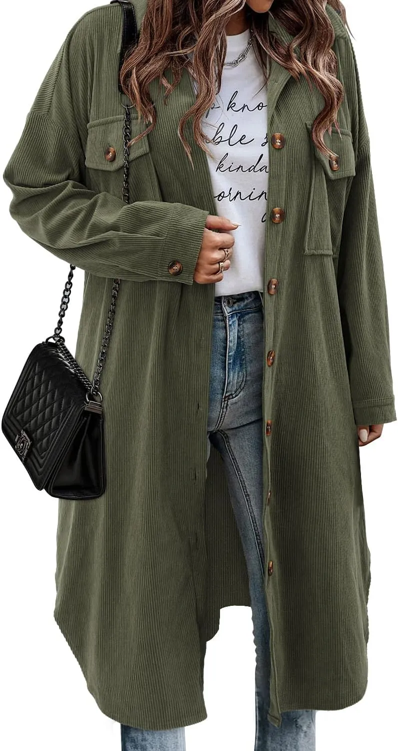 CHICZONE Womens Plaid Shacket Jacket Long Corduroy Shirt Casual Lapel Button Down Flannel Trench Coats