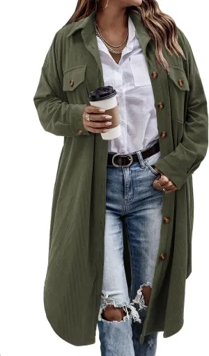 CHICZONE Womens Plaid Shacket Jacket Long Corduroy Shirt Casual Lapel Button Down Flannel Trench Coats