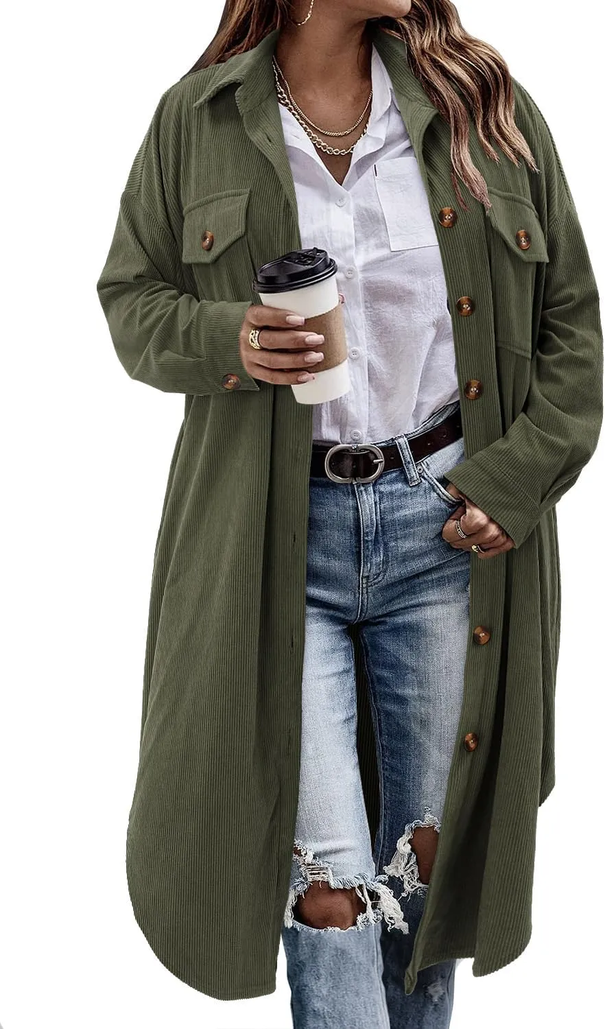 CHICZONE Womens Plaid Shacket Jacket Long Corduroy Shirt Casual Lapel Button Down Flannel Trench Coats