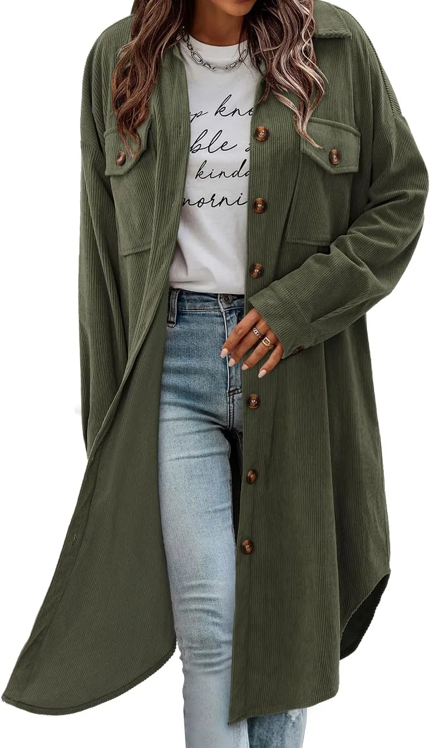 CHICZONE Womens Plaid Shacket Jacket Long Corduroy Shirt Casual Lapel Button Down Flannel Trench Coats