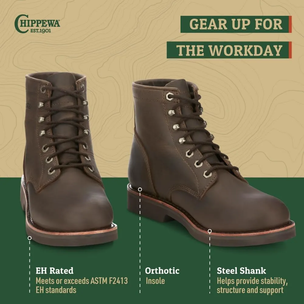 Chippewa Men's 6" Classic 2.0 Soft Toe Unlined Lace Up Work Boots - Durable, Full-Grain Leather Work Boots for Men