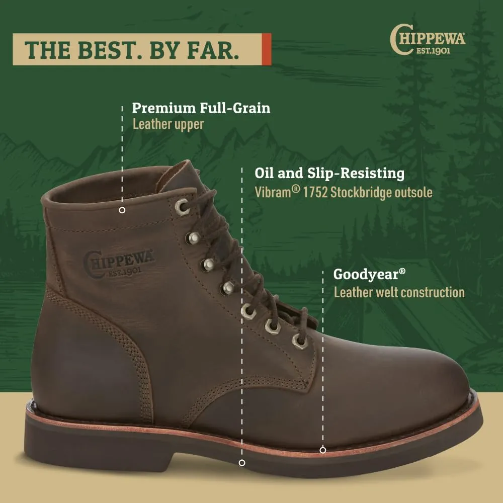 Chippewa Men's 6" Classic 2.0 Soft Toe Unlined Lace Up Work Boots - Durable, Full-Grain Leather Work Boots for Men