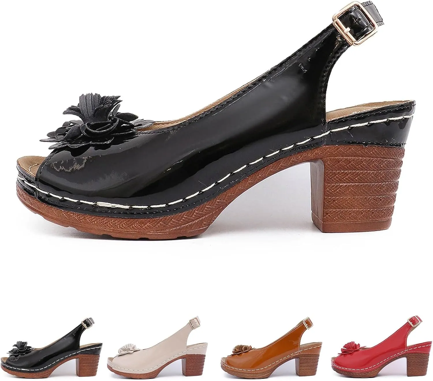 Chunky Heel Sandals Womens Dressy Summer Open Toe Platform Sandals Casual Adjustable Strap Wedding Sandals Comfortable Flower Sandal