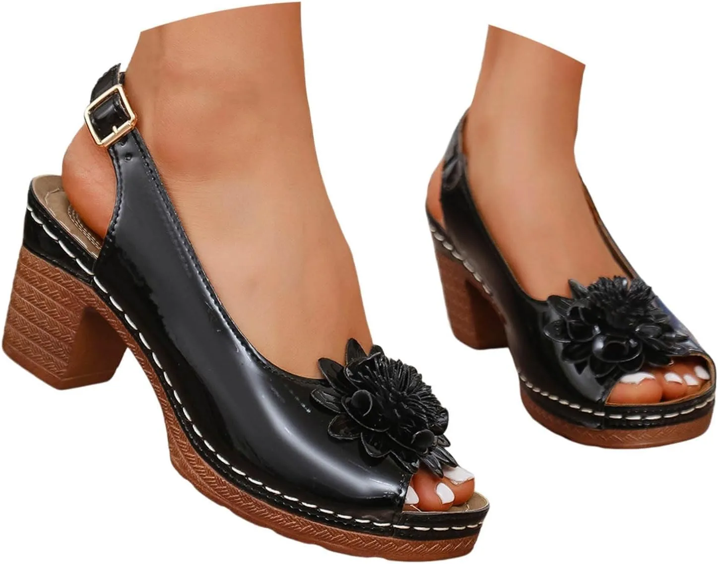 Chunky Heel Sandals Womens Dressy Summer Open Toe Platform Sandals Casual Adjustable Strap Wedding Sandals Comfortable Flower Sandal