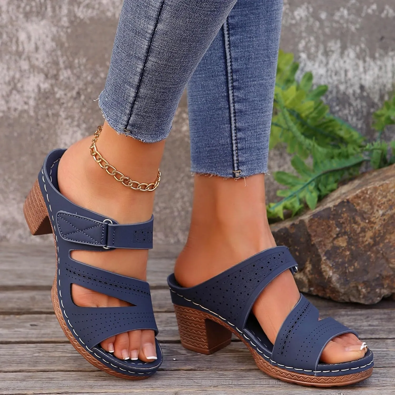 Chunky Heels for Women Sexy, Fashion Summer Block Heels Dressy Comfortable Open Toe Strappy Sandals Ankle Strap Stacked Platform Heels Slip On Mules Wedges Heels for Women Sandals