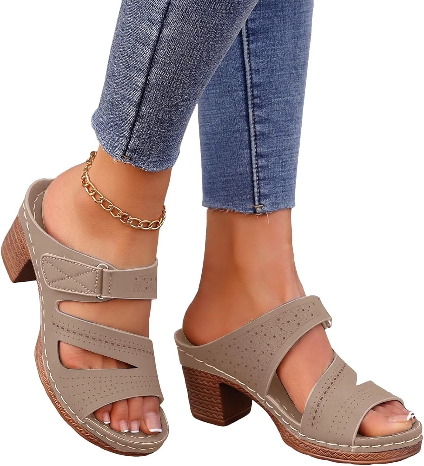 Chunky Heels for Women Sexy, Fashion Summer Block Heels Dressy Comfortable Open Toe Strappy Sandals Ankle Strap Stacked Platform Heels Slip On Mules Wedges Heels for Women Sandals