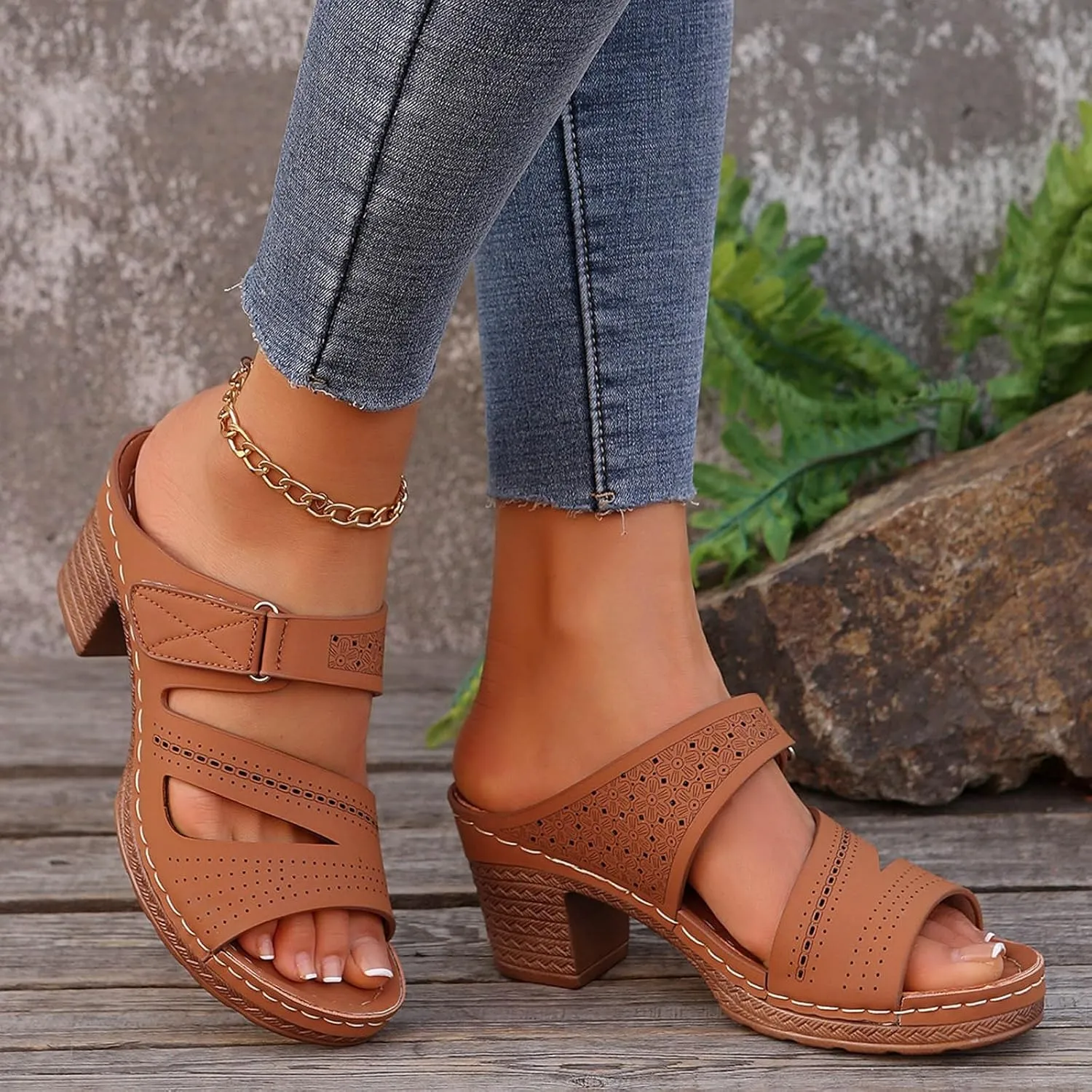 Chunky Heels for Women Sexy, Fashion Summer Block Heels Dressy Comfortable Open Toe Strappy Sandals Ankle Strap Stacked Platform Heels Slip On Mules Wedges Heels for Women Sandals