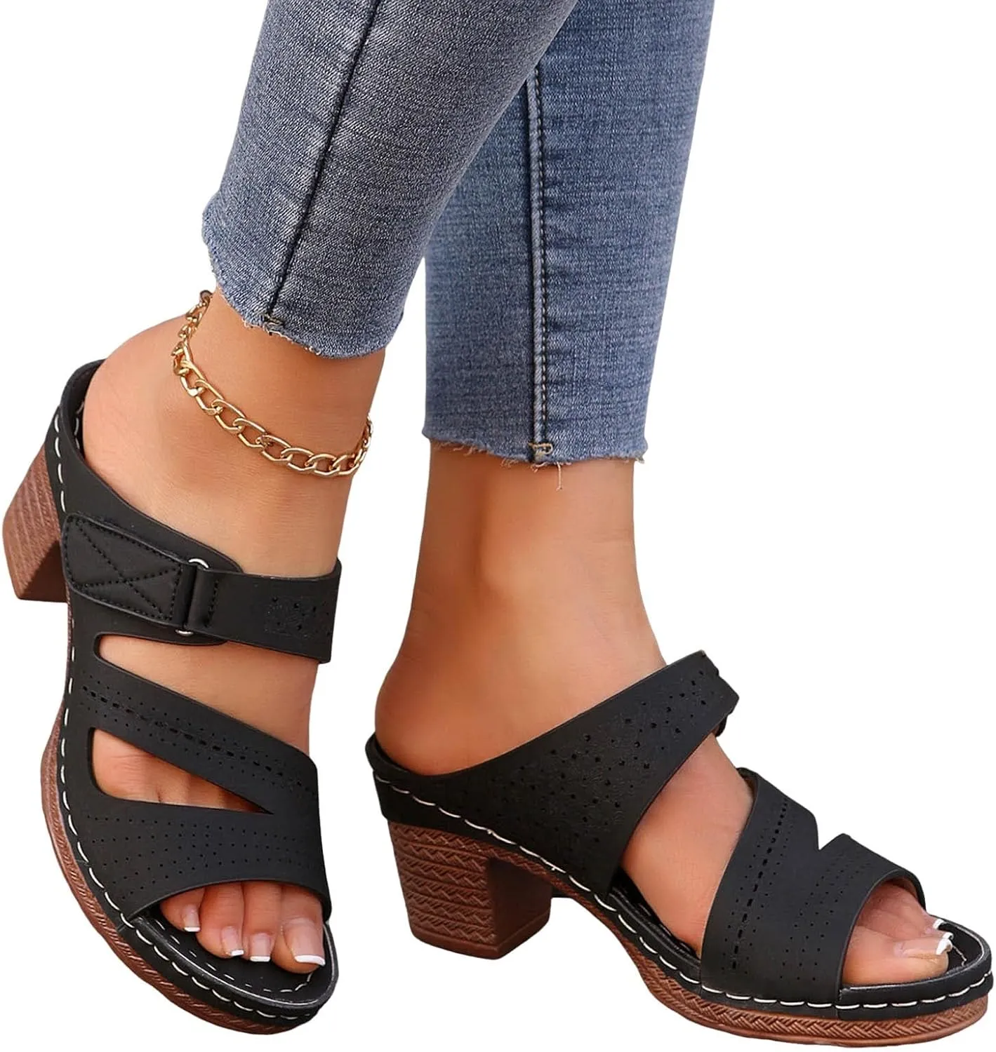 Chunky Heels for Women Sexy, Fashion Summer Block Heels Dressy Comfortable Open Toe Strappy Sandals Ankle Strap Stacked Platform Heels Slip On Mules Wedges Heels for Women Sandals