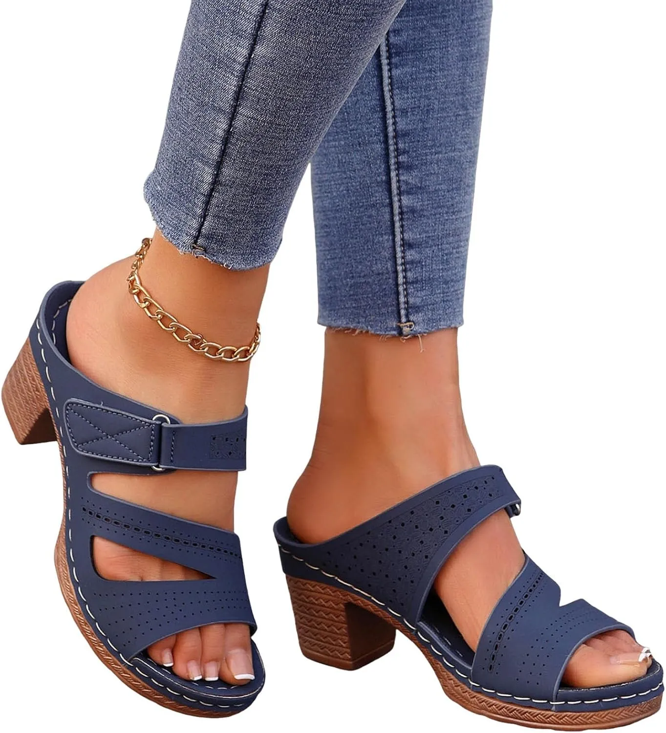 Chunky Heels for Women Sexy, Fashion Summer Block Heels Dressy Comfortable Open Toe Strappy Sandals Ankle Strap Stacked Platform Heels Slip On Mules Wedges Heels for Women Sandals