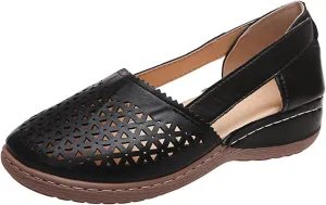 Closed Toe Sandals Women Hollow Casual Flats Orthotic Wedge Dressy Comfortable Shoes Beach Outdoor Walking Slippers Ballet Round Low Heels Vintage Leather Black Platform Slip On Loafers
