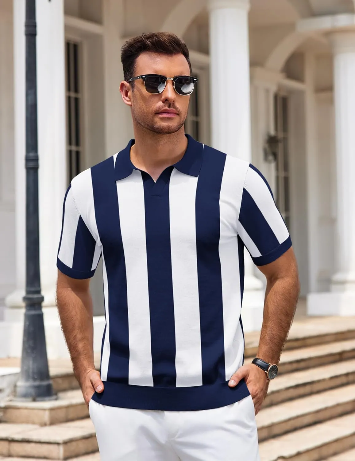 COOFANDY Mens Knit Polo Shirts V Neck Short Sleeve Stretch Polo T Shirt Casual Golf Shirts
