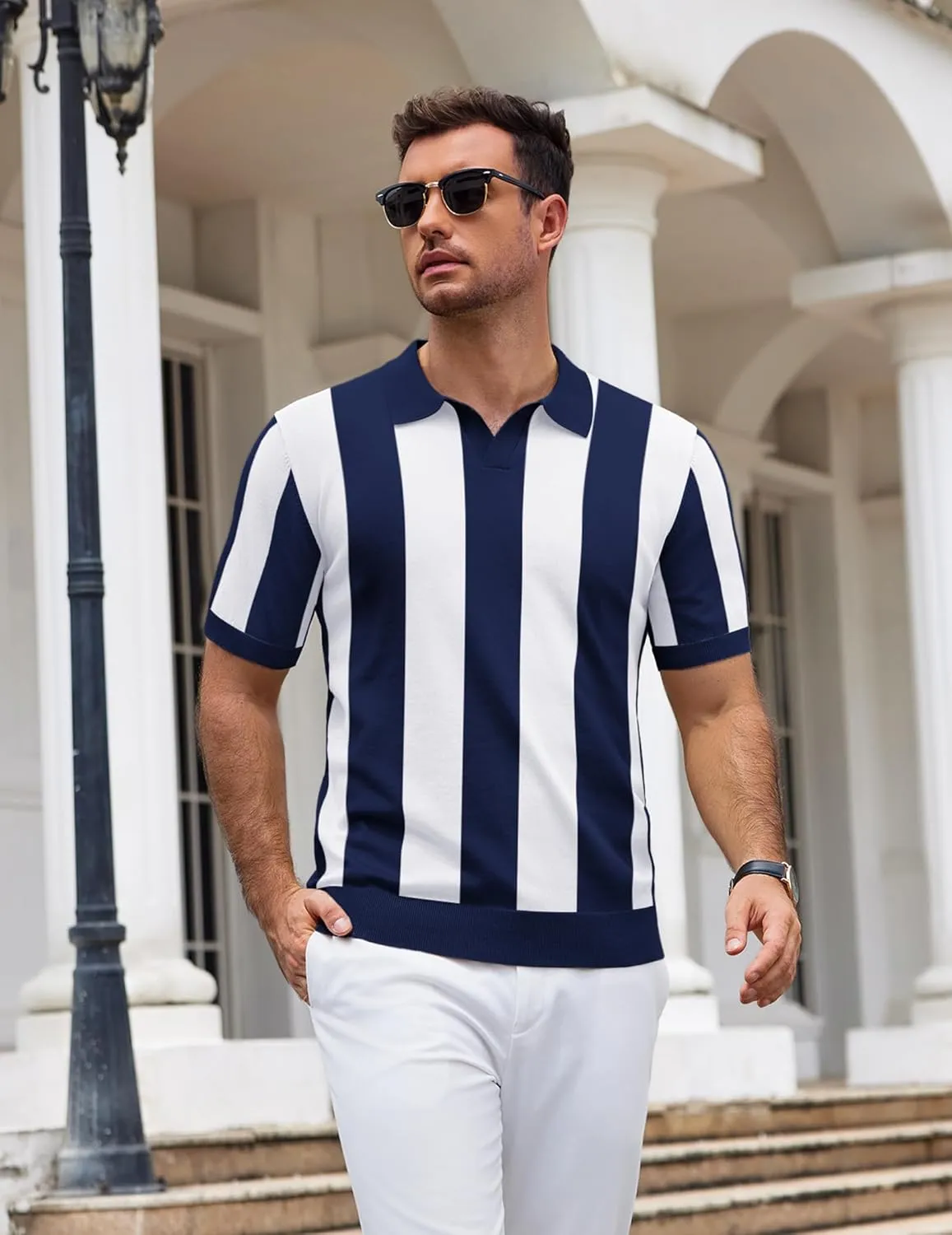 COOFANDY Mens Knit Polo Shirts V Neck Short Sleeve Stretch Polo T Shirt Casual Golf Shirts