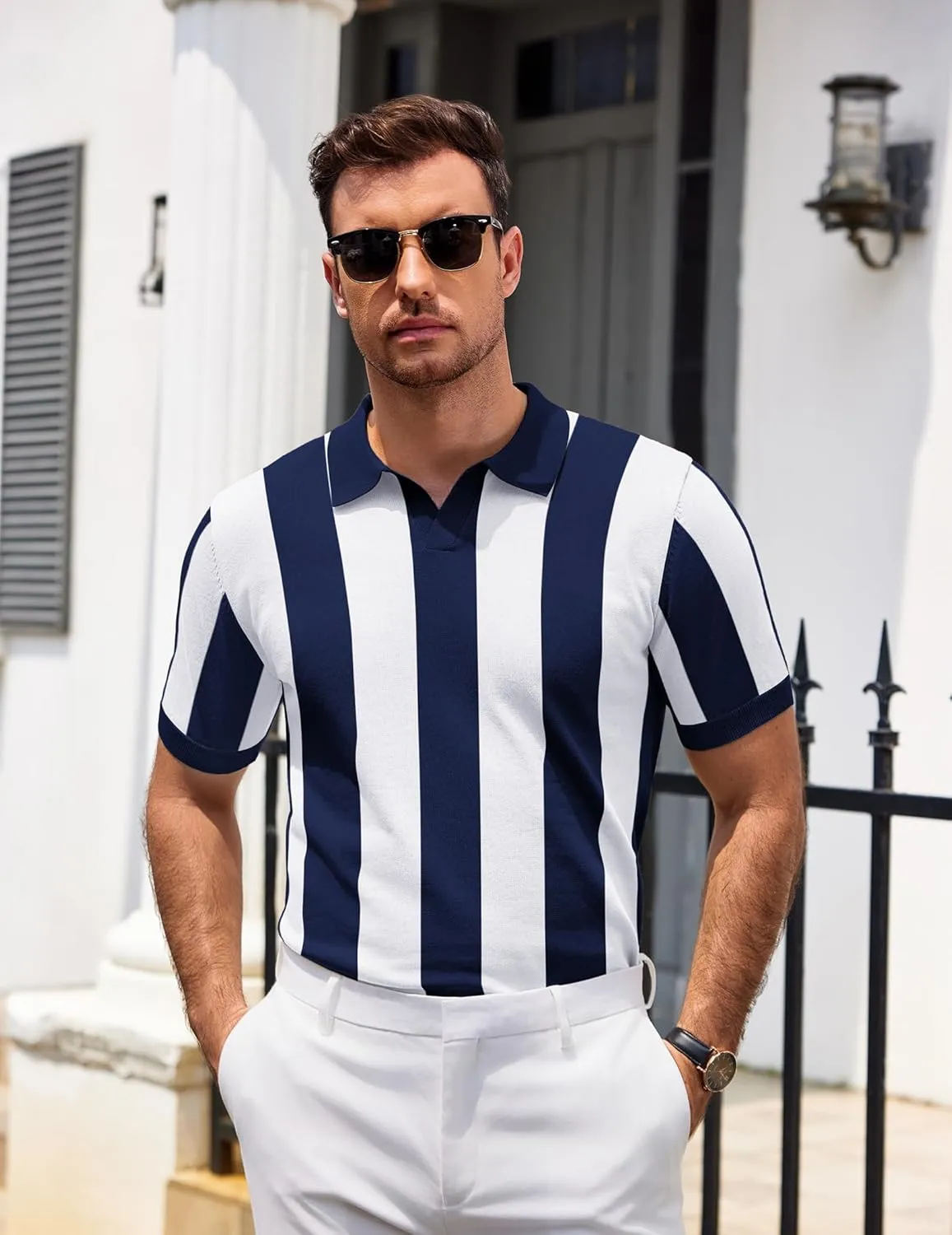 COOFANDY Mens Knit Polo Shirts V Neck Short Sleeve Stretch Polo T Shirt Casual Golf Shirts