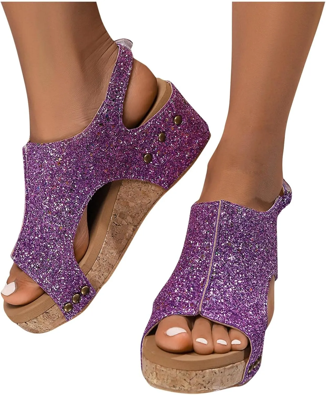 Cork Wedge Sandals for Women Summer Dressy,Platform Wedge Heels Sparkly Sandals Open Toe Ankle Strap Wedges Comfortable Casual Low Heel Boho Dress Shoes Ladies Beach Sandals