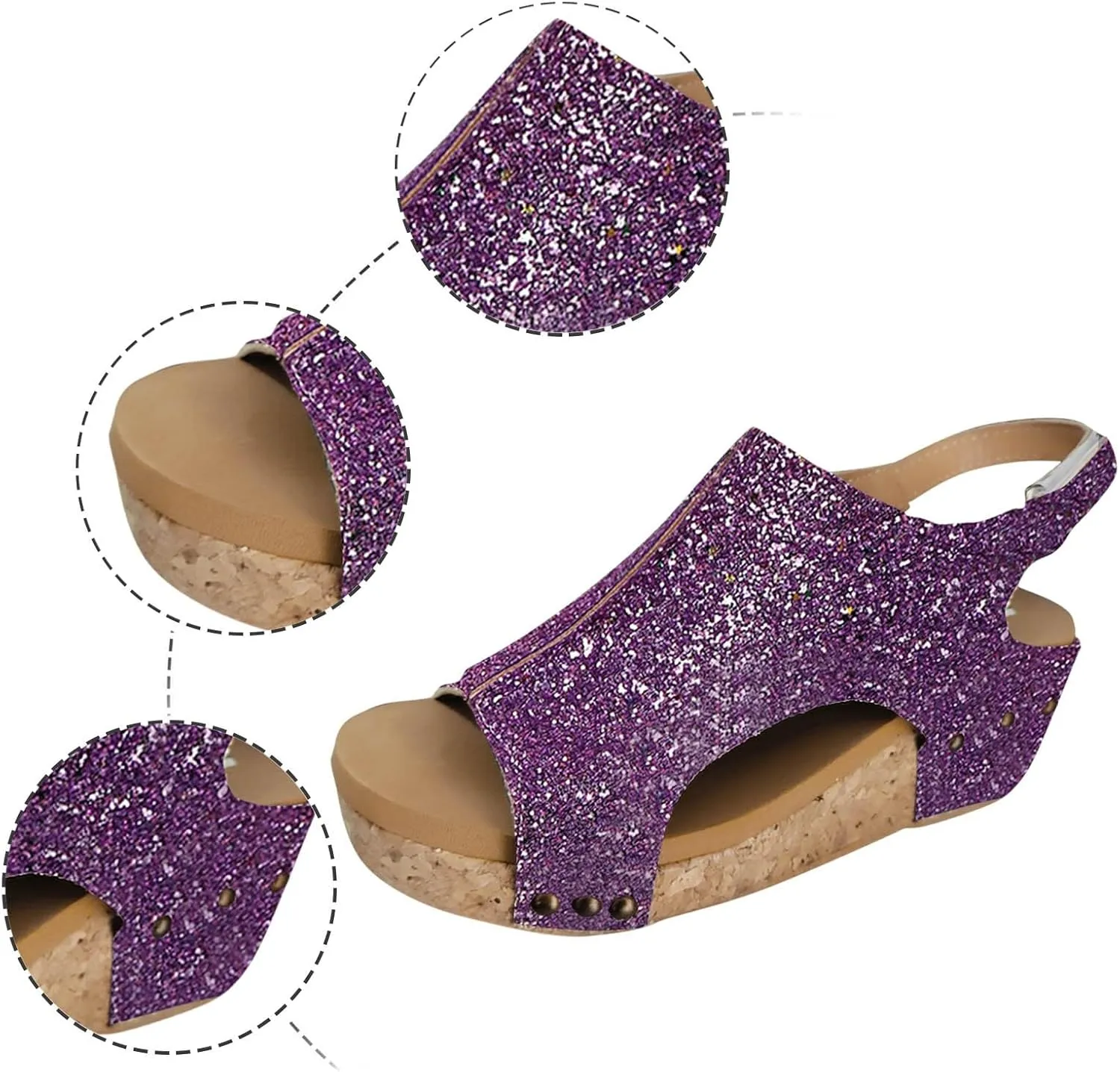 Cork Wedge Sandals for Women Summer Dressy,Platform Wedge Heels Sparkly Sandals Open Toe Ankle Strap Wedges Comfortable Casual Low Heel Boho Dress Shoes Ladies Beach Sandals