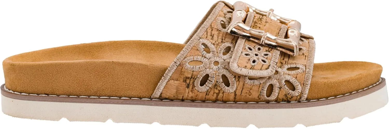 Corkys Footwear Hey Girl Slid In My DM Sandals - Featuring A Cushioned and Lightweight Outsole, An Adjustable Gold Buckle, and Floral Cutouts on the Strap