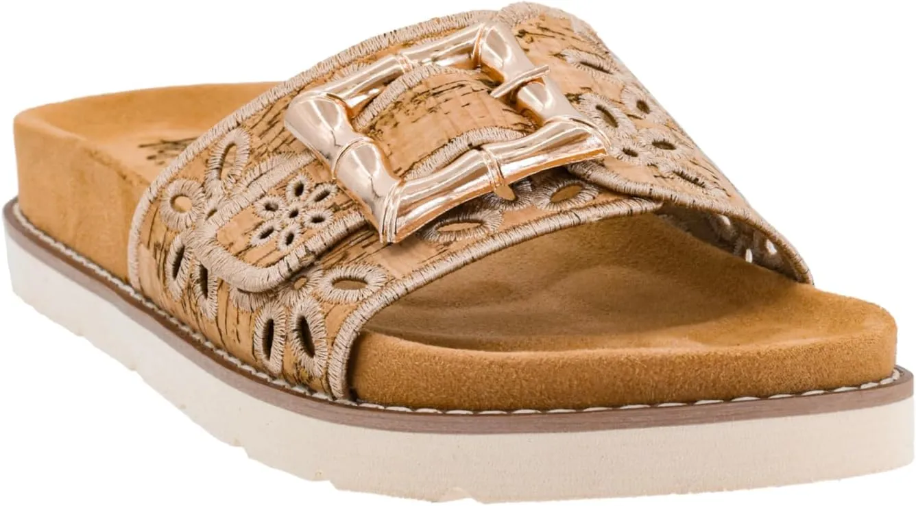 Corkys Footwear Hey Girl Slid In My DM Sandals - Featuring A Cushioned and Lightweight Outsole, An Adjustable Gold Buckle, and Floral Cutouts on the Strap