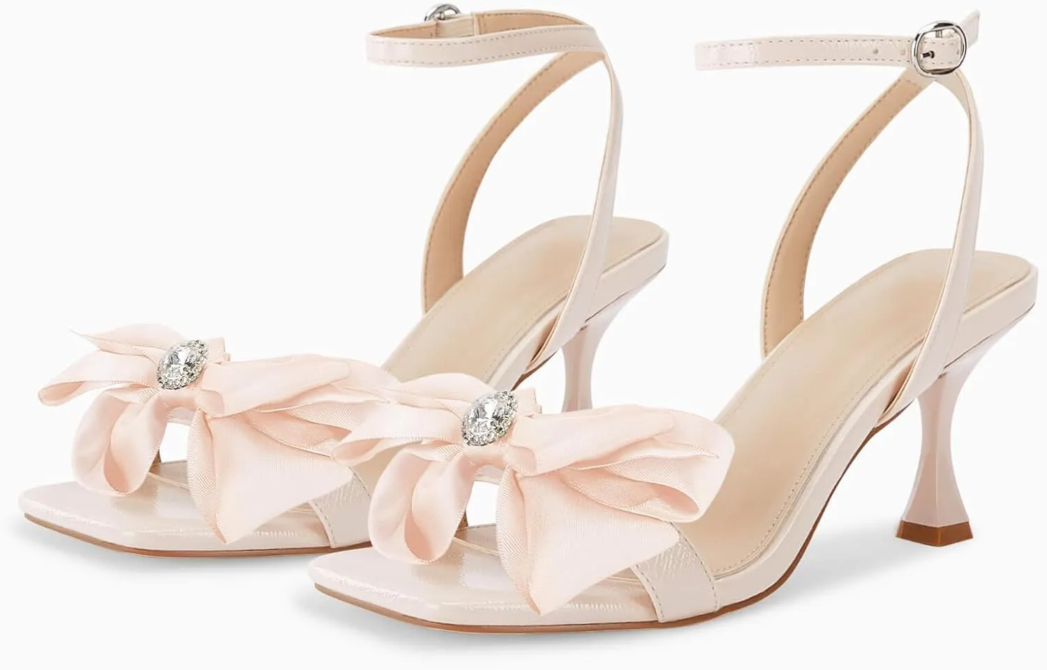 Coutgo Women's Bow Knot Heeled Sandals Rhinestone Kitten Heels Open Toe Ankle Strap Dress Pump Shoes