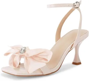 Coutgo Women's Bow Knot Heeled Sandals Rhinestone Kitten Heels Open Toe Ankle Strap Dress Pump Shoes