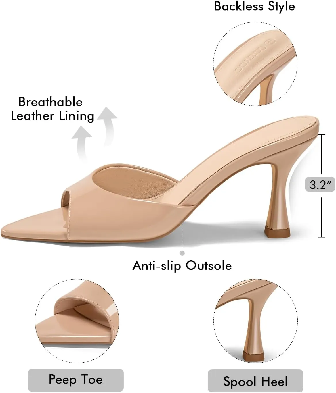 Coutgo Womens Heeled Mules Pointed Peep Toe High Heels Slip On Backless Mule Sandals Dress Shoes