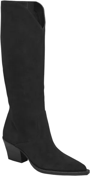 Coutgo Womens Wide Calf Cowboy Boots Suede Knee High Chunky Heel Pointed Toe Western Cowgirl Boots