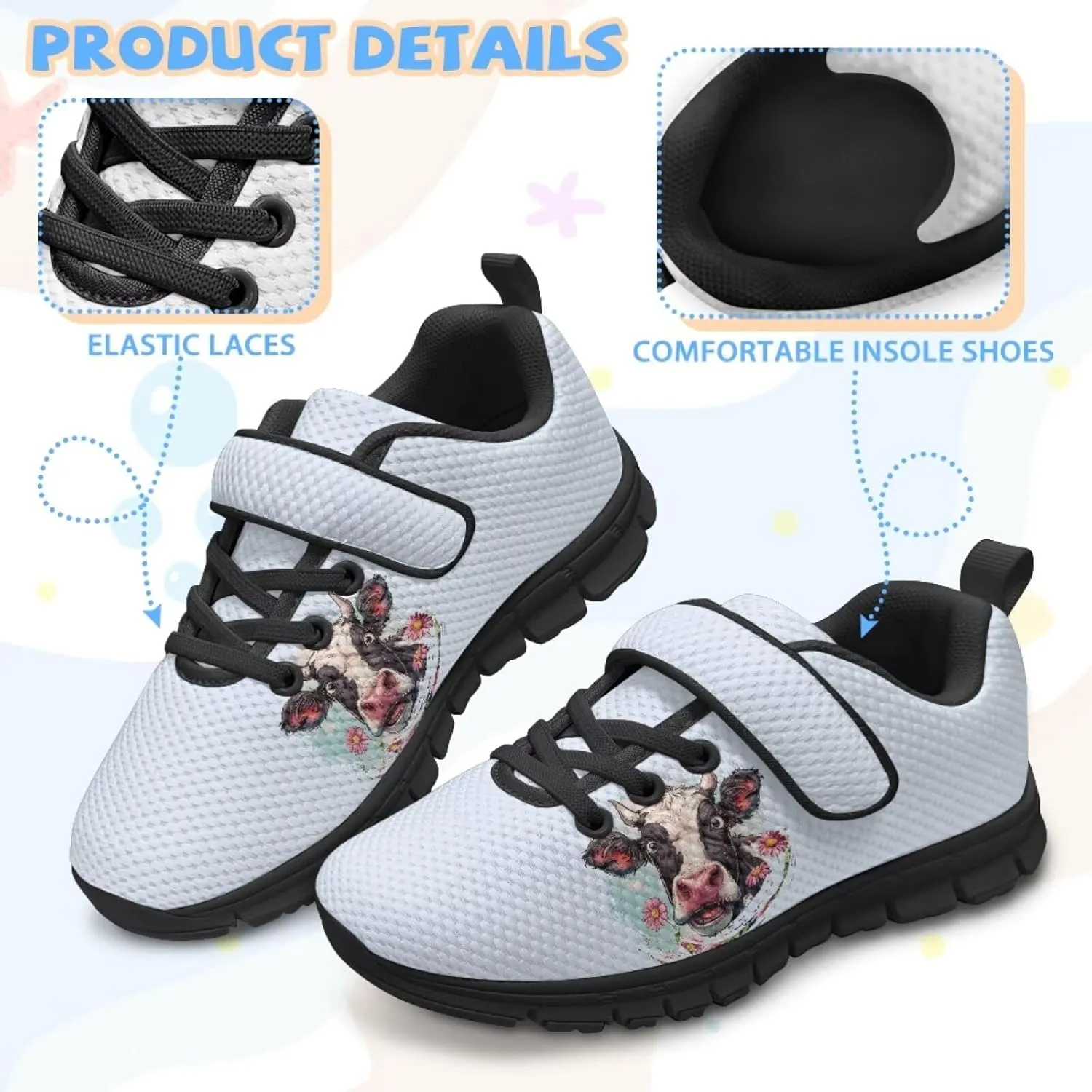 Cow Print Running Shoes for Boys Girls Tennis Sneakers Non Slip Athletic Walking Strap Shoes