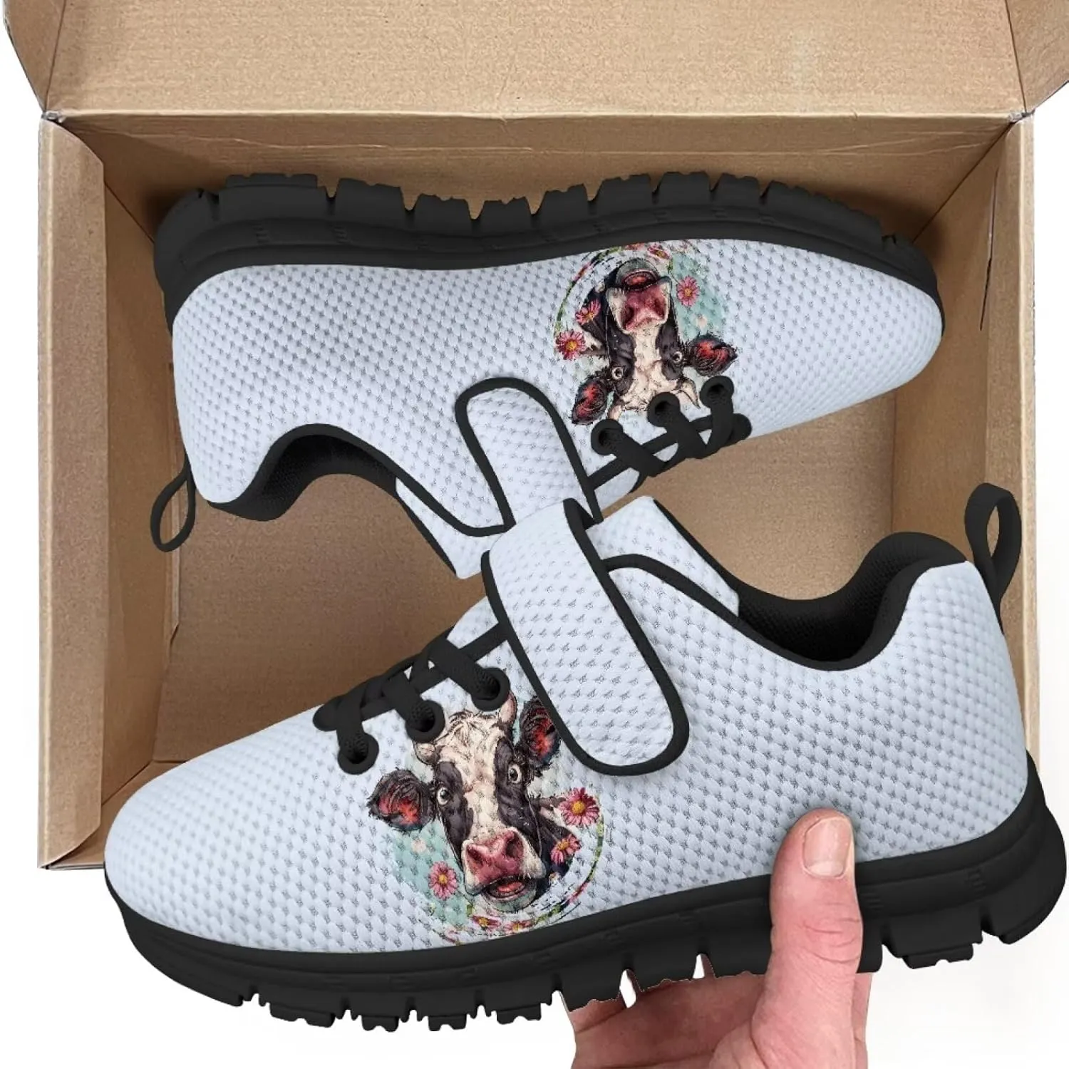 Cow Print Running Shoes for Boys Girls Tennis Sneakers Non Slip Athletic Walking Strap Shoes
